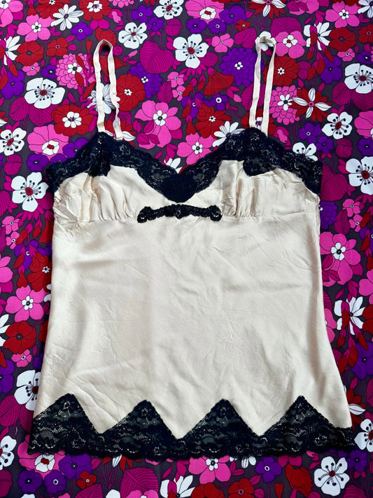 Vintage Y2K Cami Top with lace trim beige and black size 12