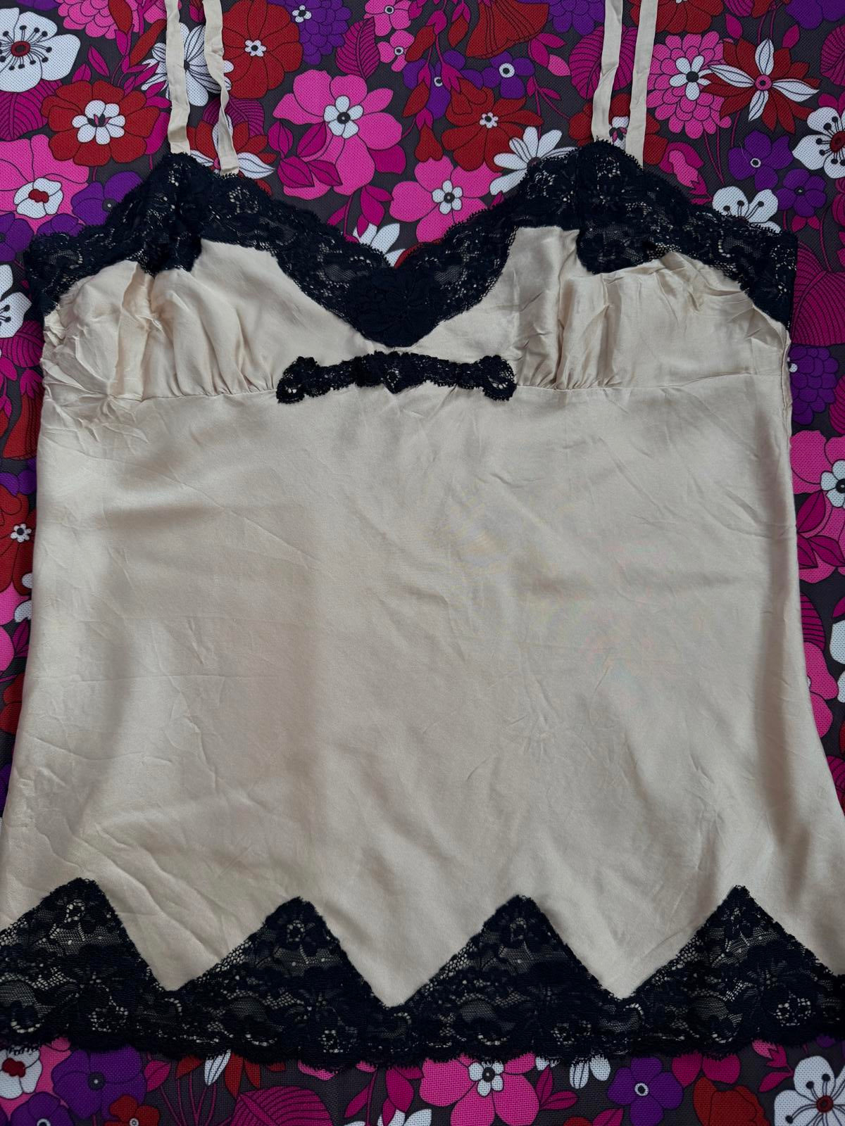 Vintage Y2K Cami Top with lace trim beige and black size 12