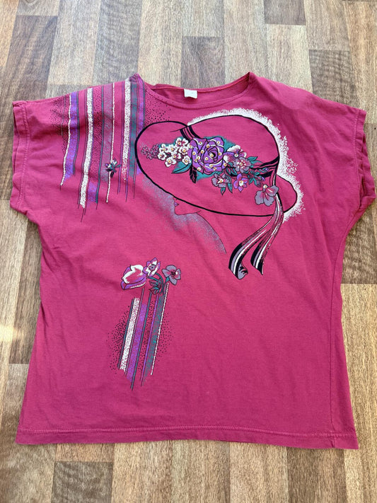 Vintage 1980s T-shirt Pink Floral Hat Graphic Tee with Shoulder pads size 14 16