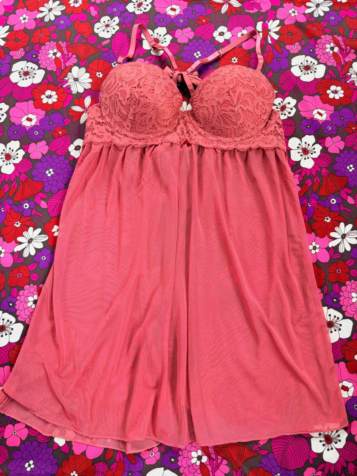 Pink Lace Babydoll Nightdress with back bow lace wired cup size 34 C