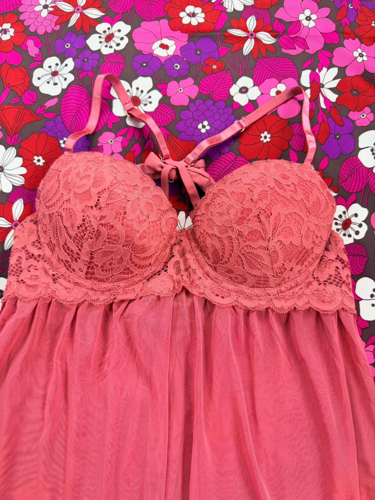 Pink Lace Babydoll Nightdress with back bow lace wired cup size 34 C