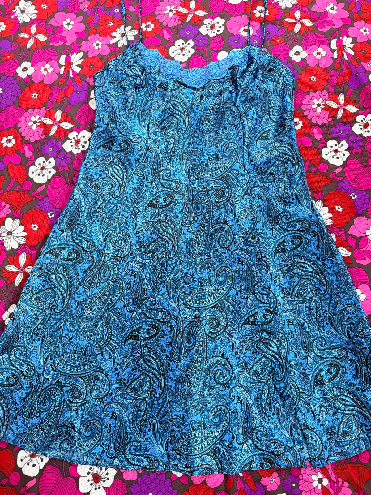 Vintage Y2K Slip Dress with Lace Trim Blue Paisley Pattern Babydoll size 8 to 10