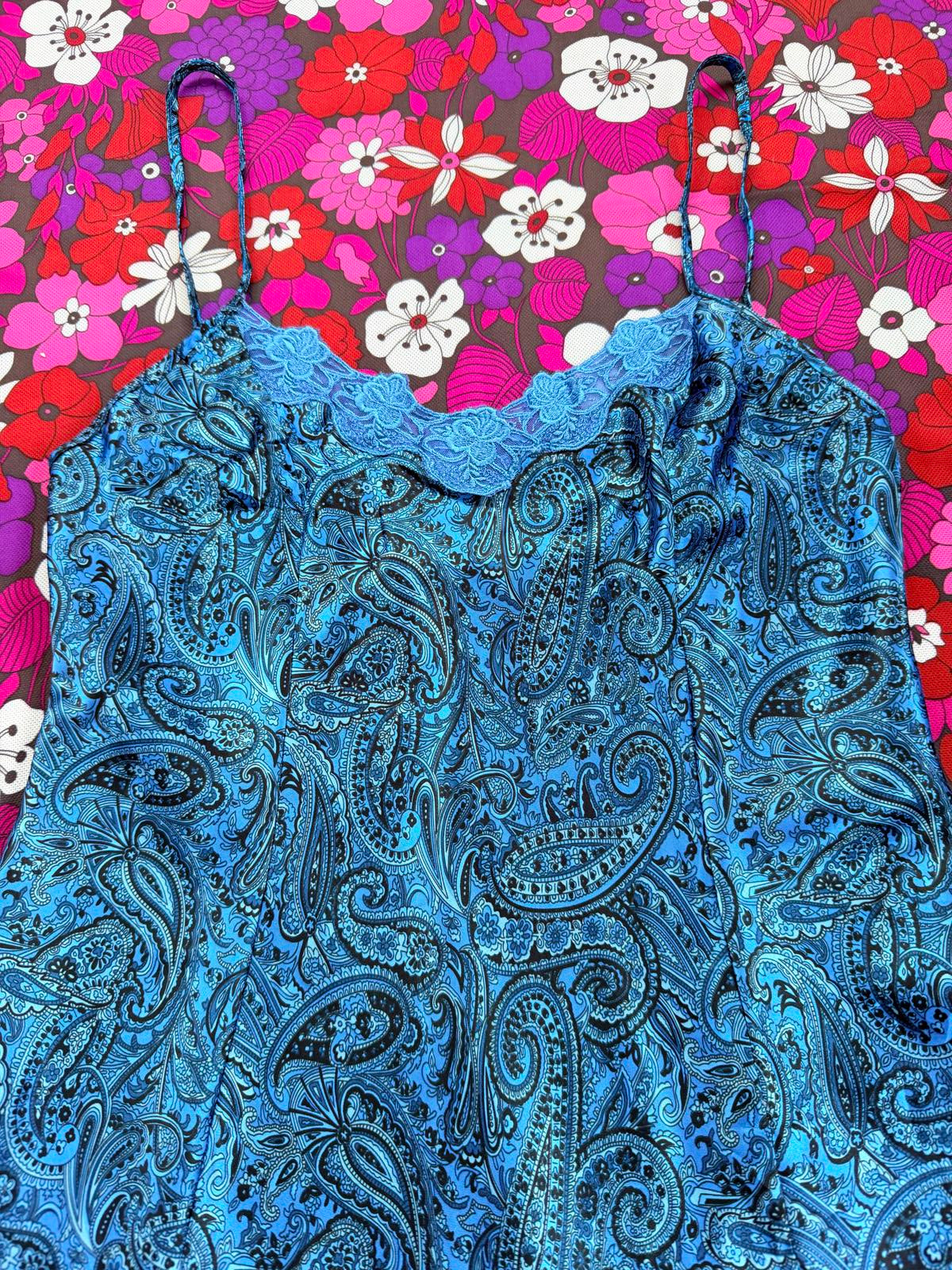 Vintage Y2K Slip Dress with Lace Trim Blue Paisley Pattern Babydoll size 8 to 10