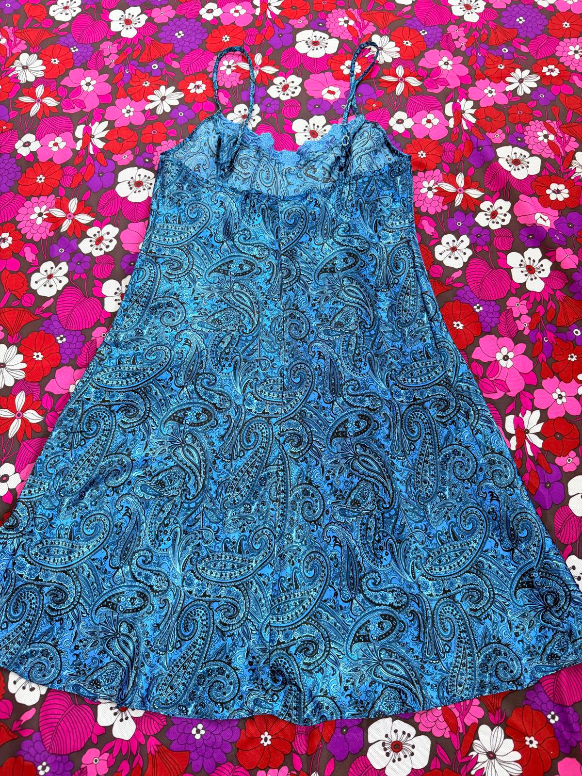 Vintage Y2K Slip Dress with Lace Trim Blue Paisley Pattern Babydoll size 8 to 10