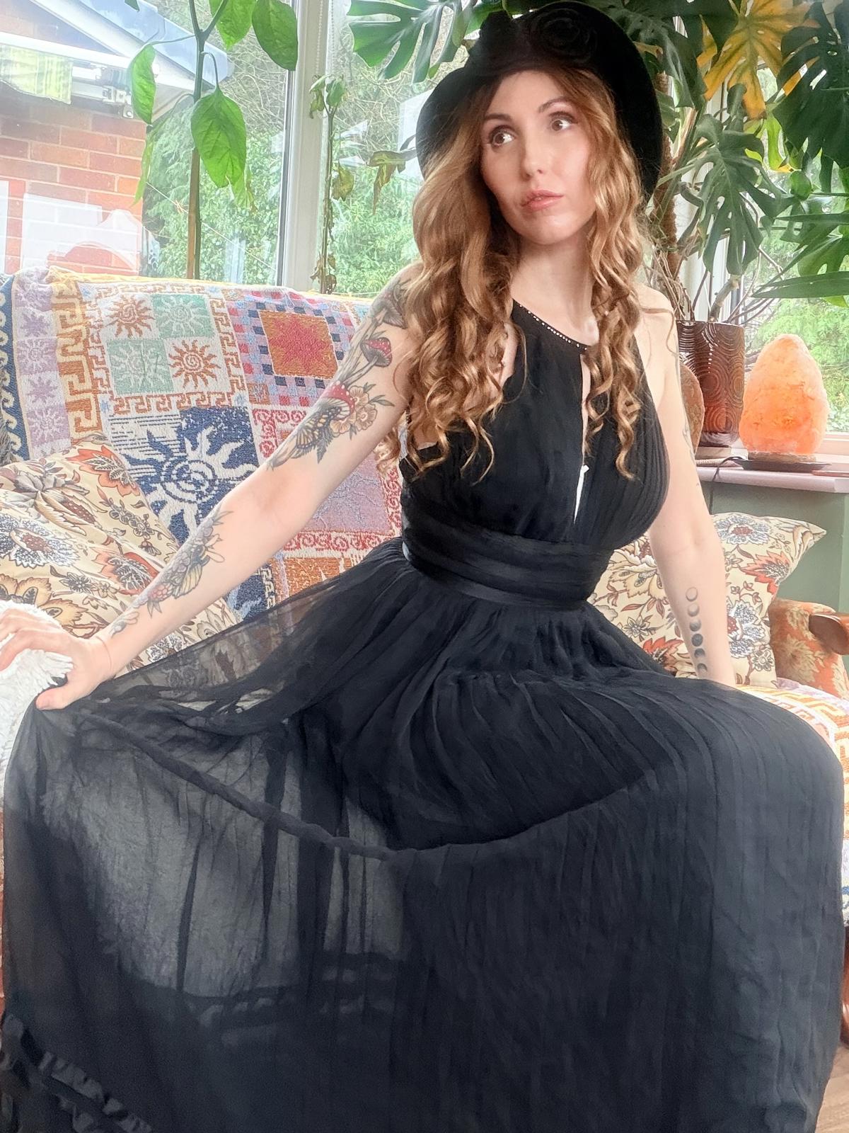 Vintage Black cocktail Dress size 6 Diamanté detail and sheer overlay