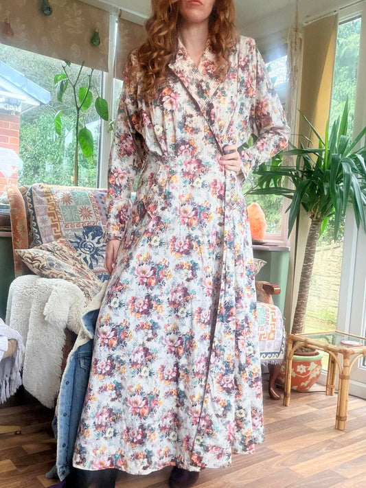 Vintage 1980s wrap dress coat duster size 12 Floral cottagecore Maxi dress