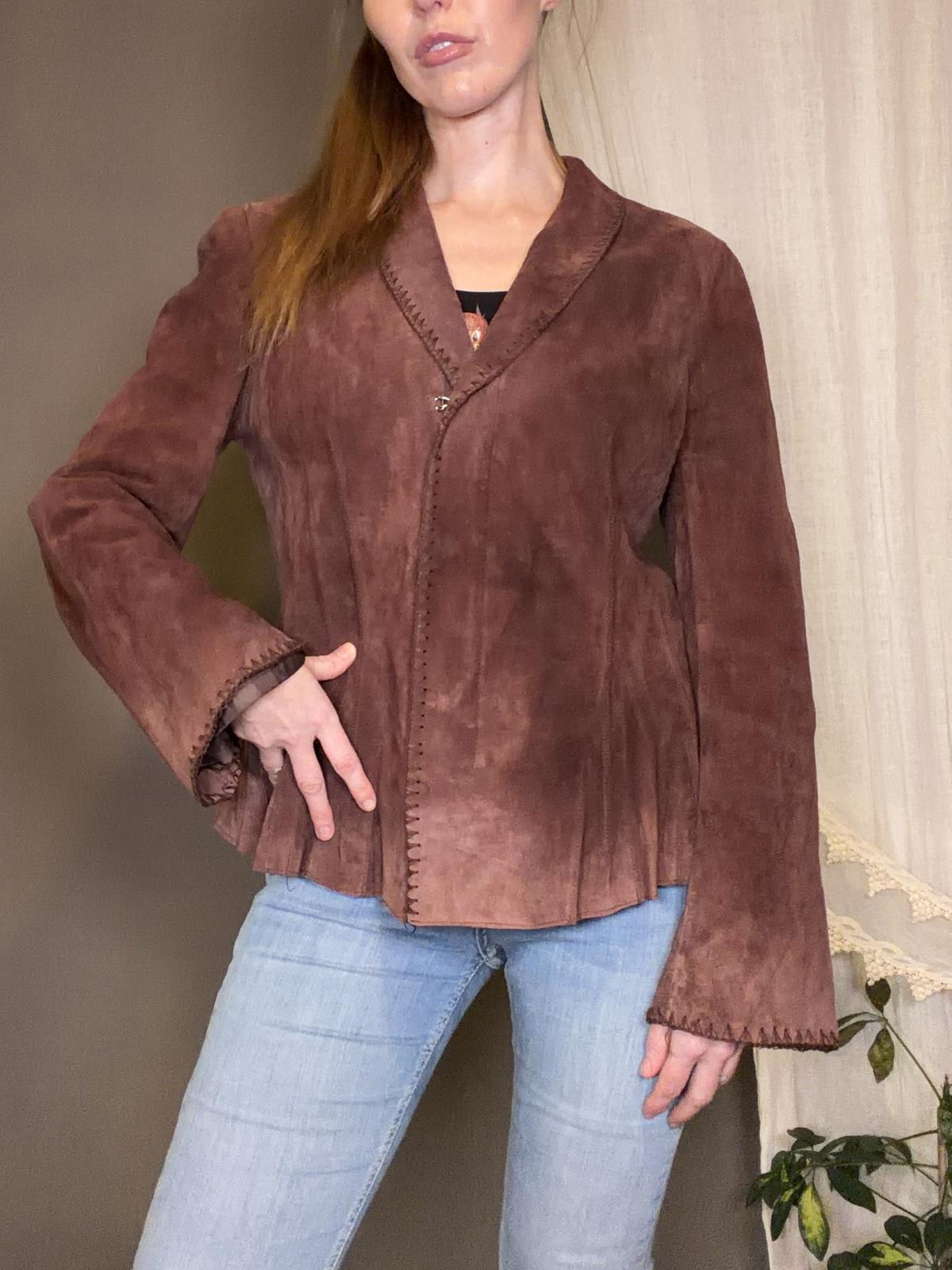 Vintage Y2K Suede Jacket with Stitch Detailing and Pleated Hem Brown size 12 14