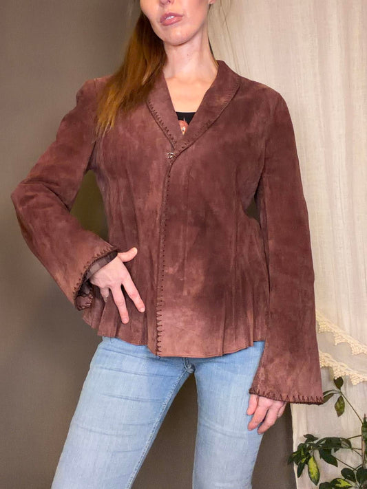 Vintage Y2K Suede Jacket with Stitch Detailing and Pleated Hem Brown size 12 14