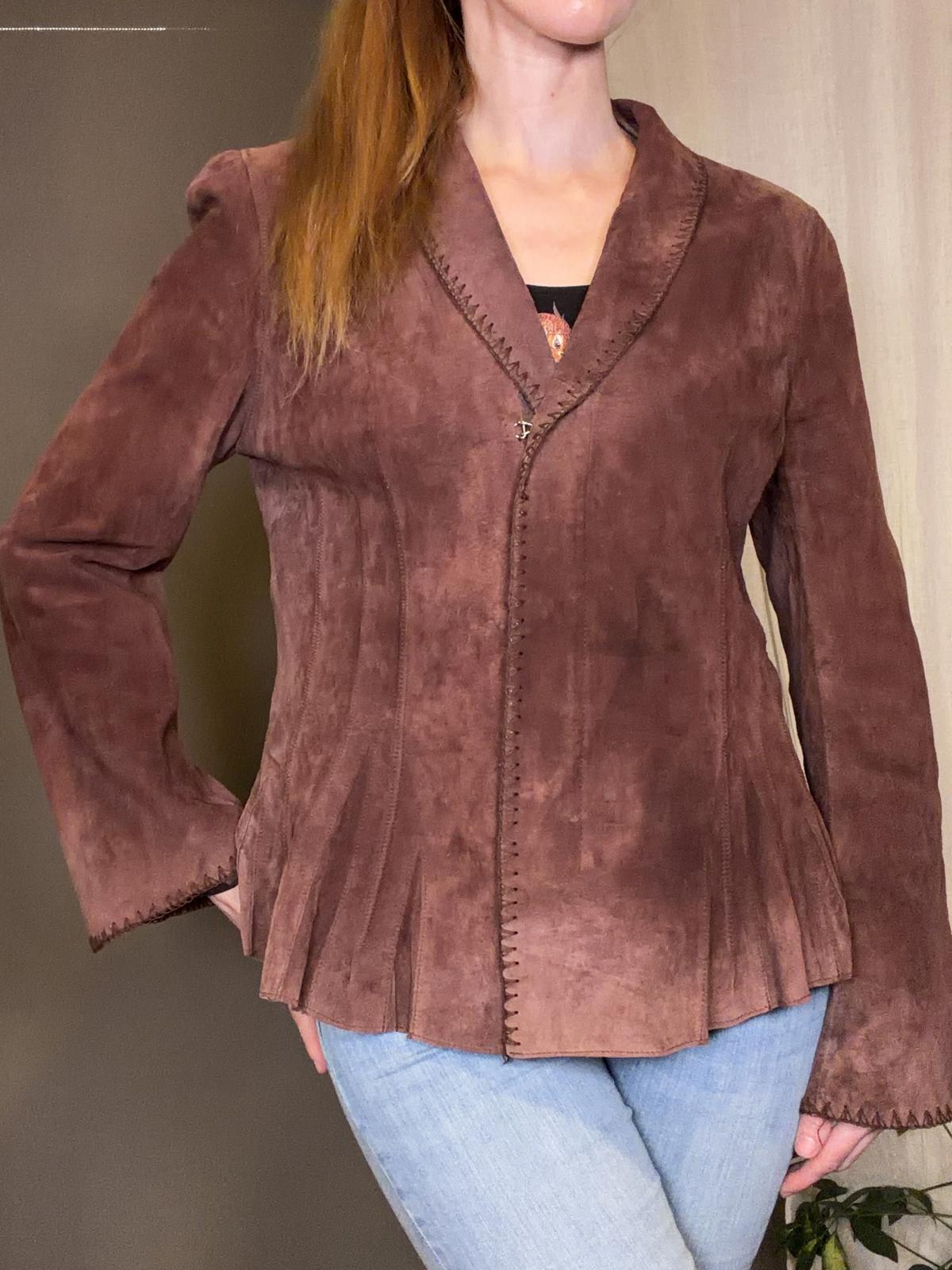 Vintage Y2K Suede Jacket with Stitch Detailing and Pleated Hem Brown size 12 14