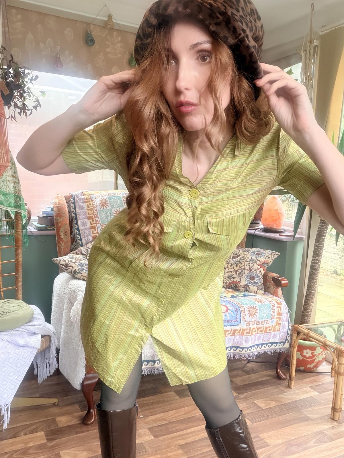 Vintage 1960s shirt dress size 10 silk Light Green Striped Button-Up Dress