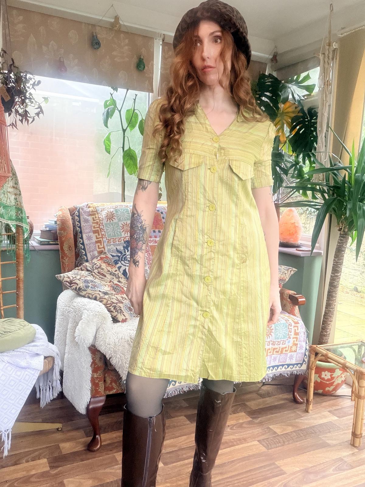 Vintage 1960s shirt dress size 10 silk Light Green Striped Button-Up Dress