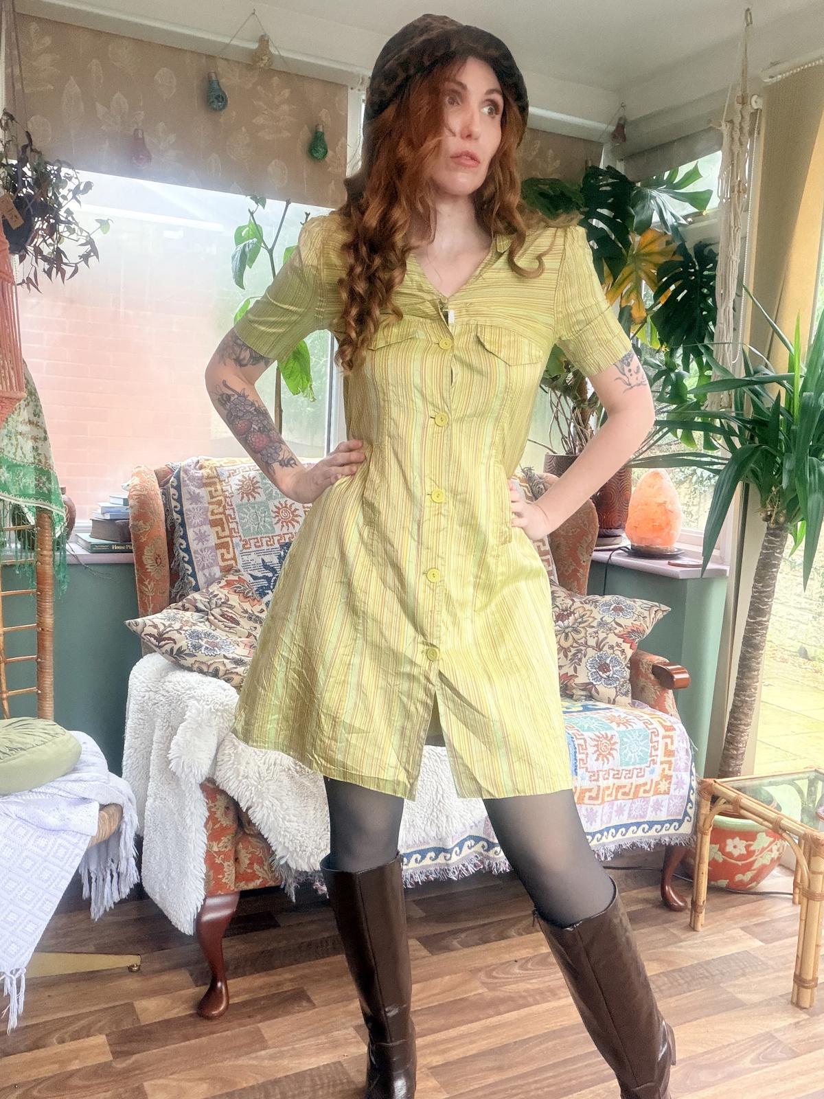 Vintage 1960s shirt dress size 10 silk Light Green Striped Button-Up Dress