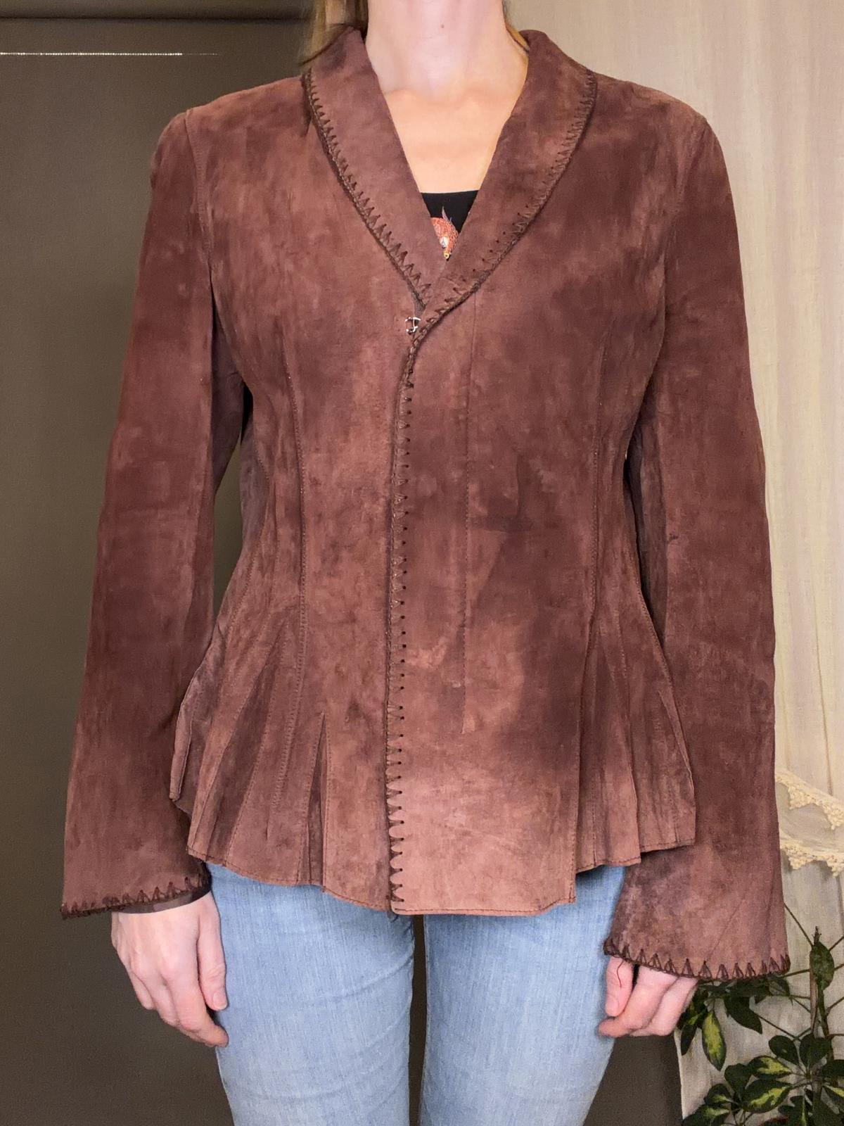 Vintage Y2K Suede Jacket with Stitch Detailing and Pleated Hem Brown size 12 14