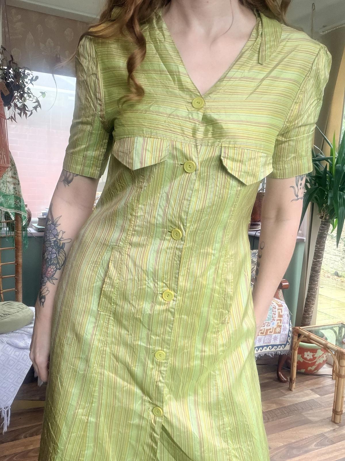 Vintage 1960s shirt dress size 10 silk Light Green Striped Button-Up Dress