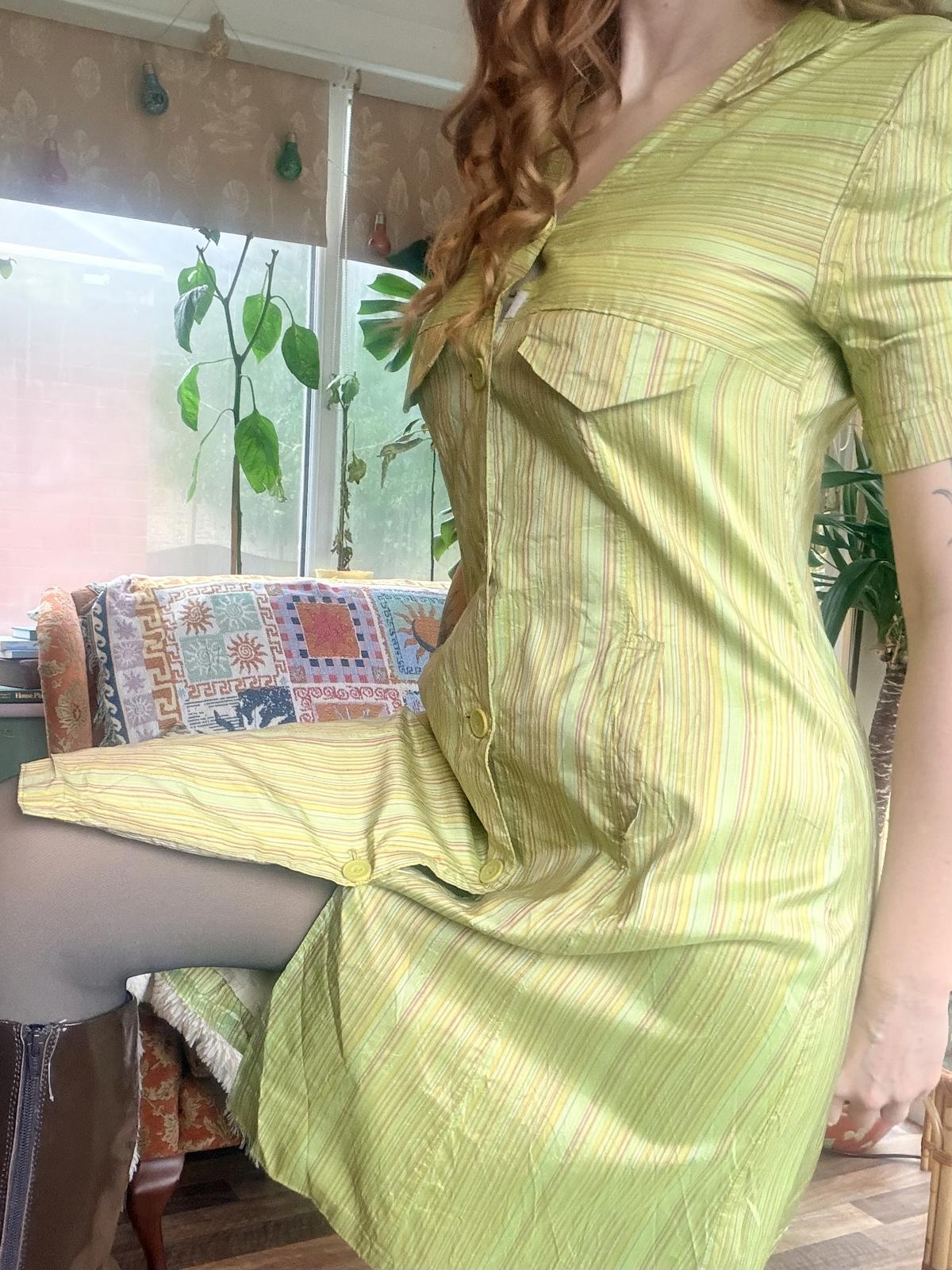 Vintage 1960s shirt dress size 10 silk Light Green Striped Button-Up Dress