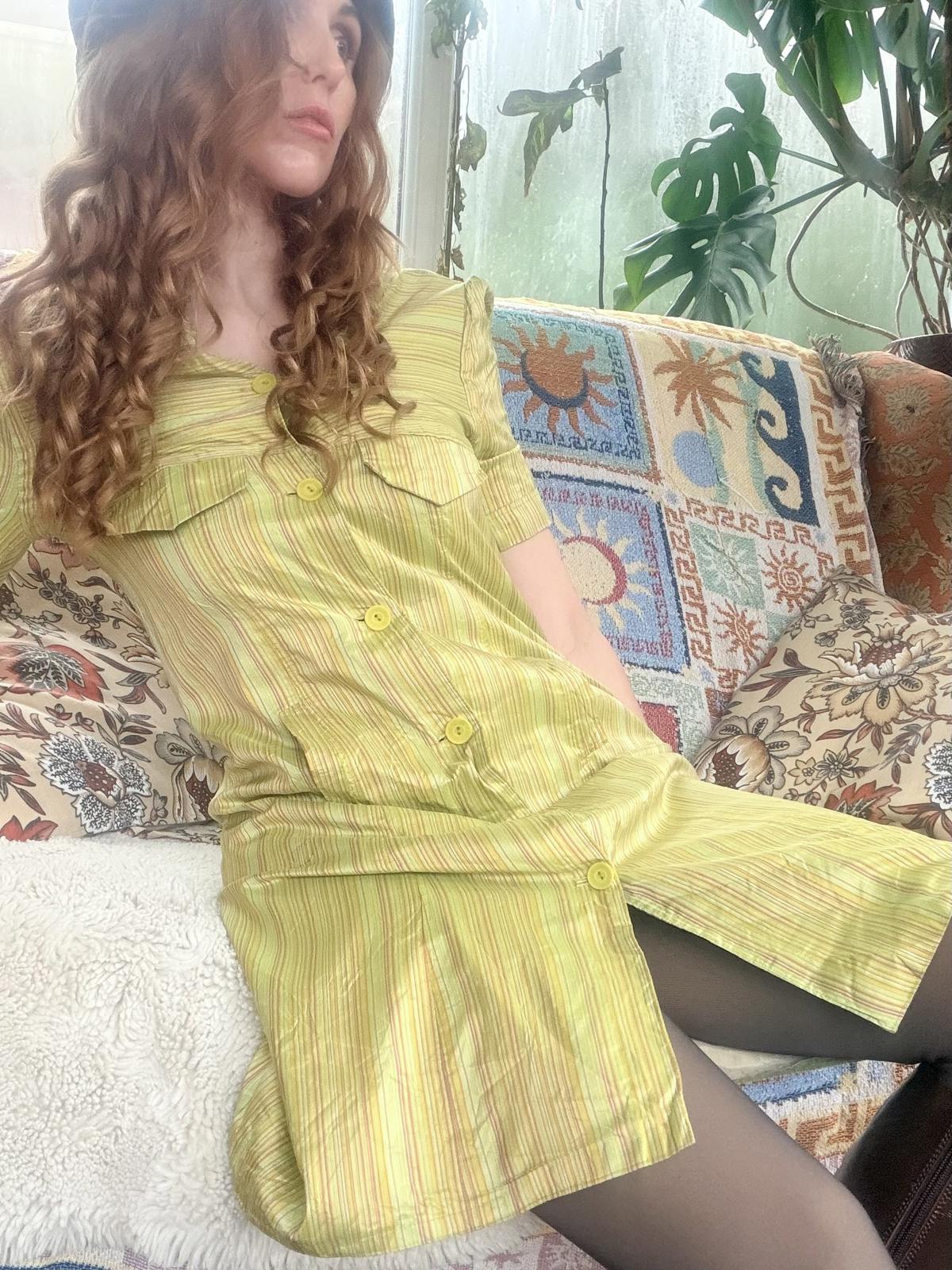 Vintage 1960s shirt dress size 10 silk Light Green Striped Button-Up Dress