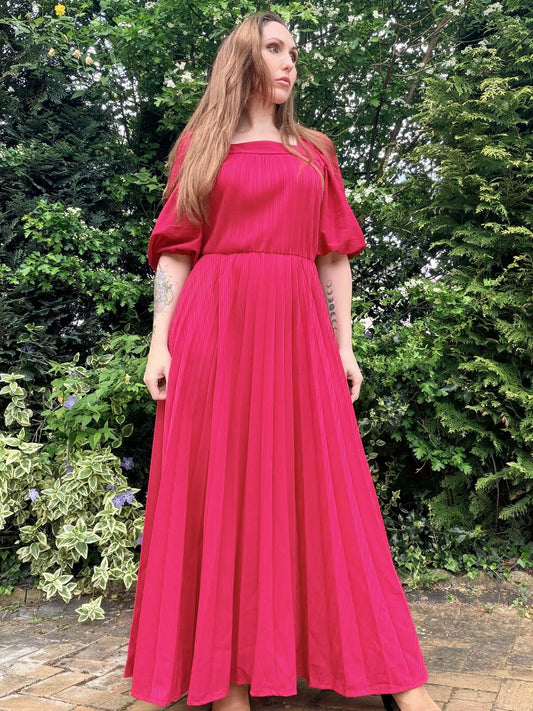 Vintage 1980s Maxi Dress Red Pleated Long Cocktail Dress Puff Sleeves Size 16