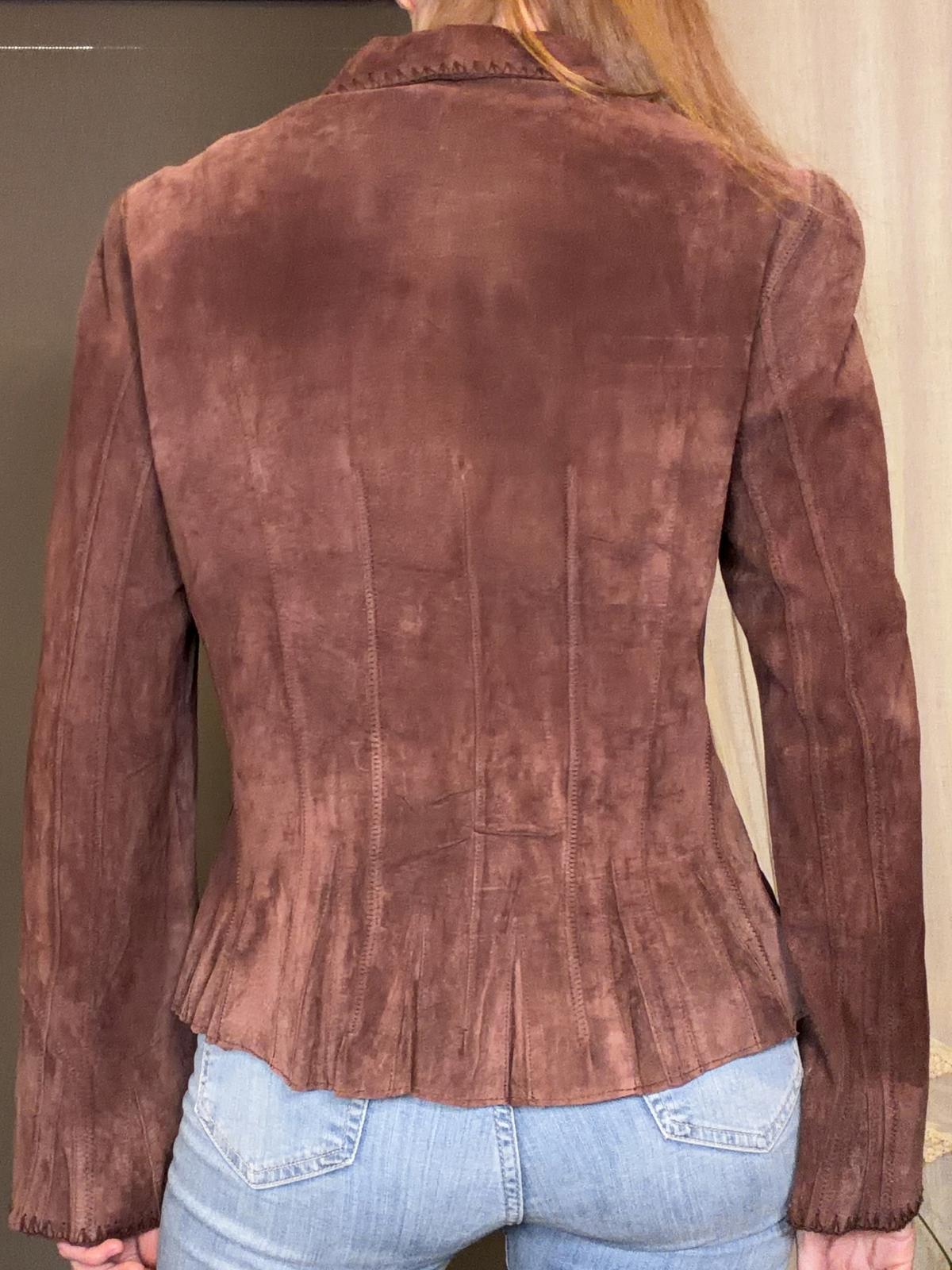 Vintage Y2K Suede Jacket with Stitch Detailing and Pleated Hem Brown size 12 14