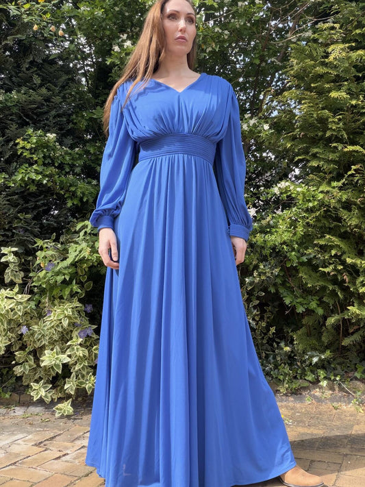 Vintage 1980s Maxi Dress Long Blue Pleated Waist and Balloon Sleeves Size 10