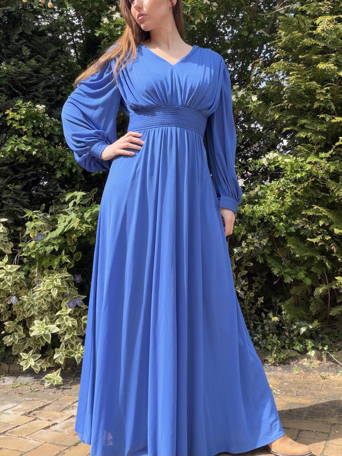 Vintage 1980s Maxi Dress Long Blue Pleated Waist and Balloon Sleeves Size 10
