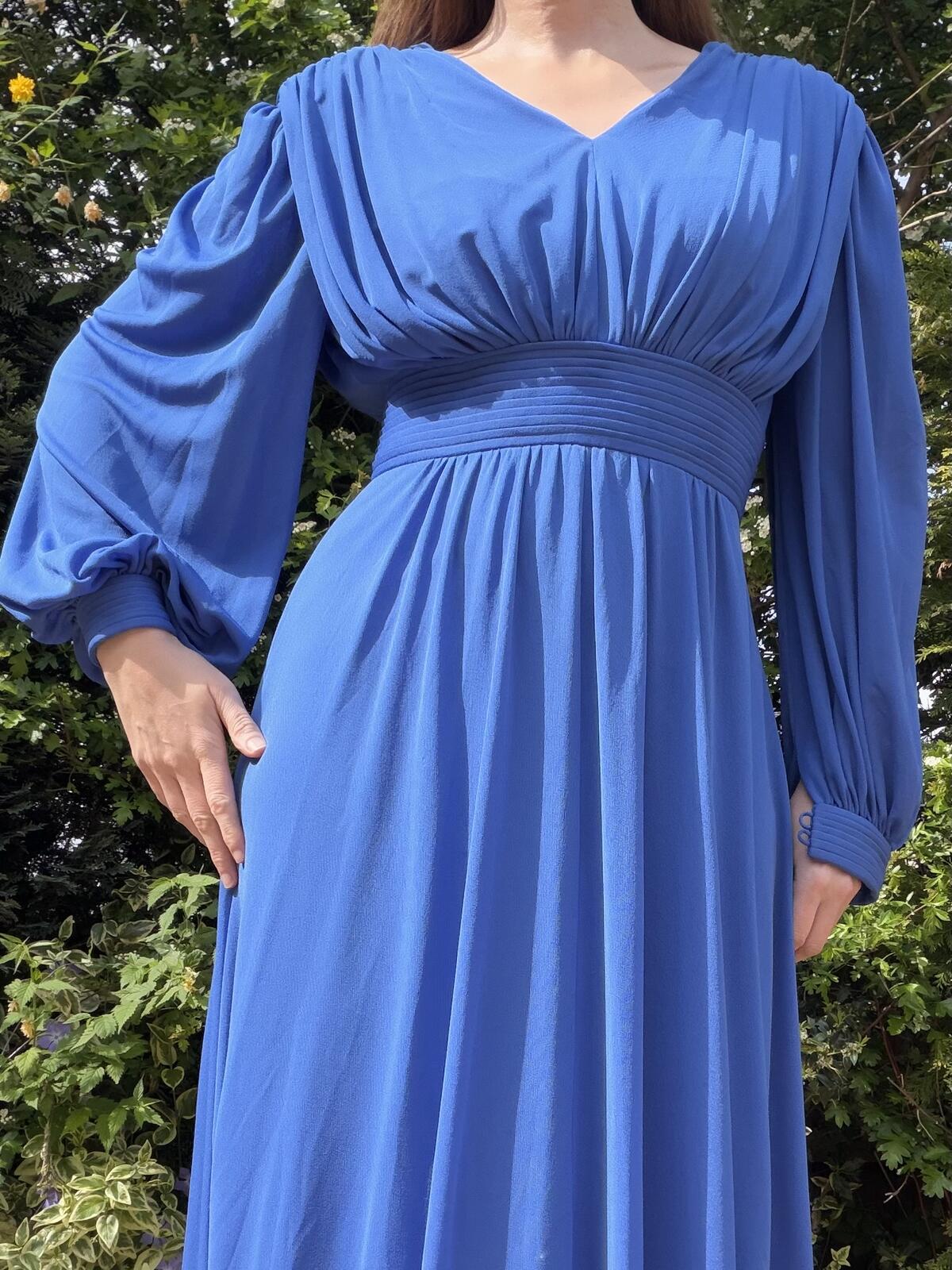 Vintage 1980s Maxi Dress Long Blue Pleated Waist and Balloon Sleeves Size 10