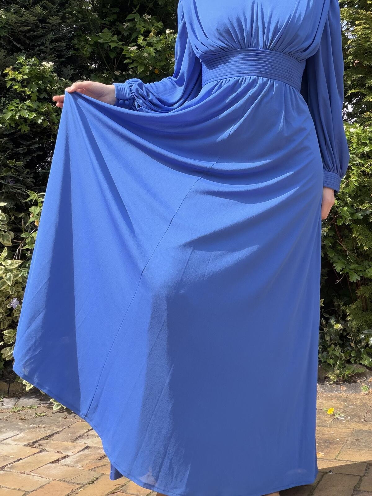 Vintage 1980s Maxi Dress Long Blue Pleated Waist and Balloon Sleeves Size 10