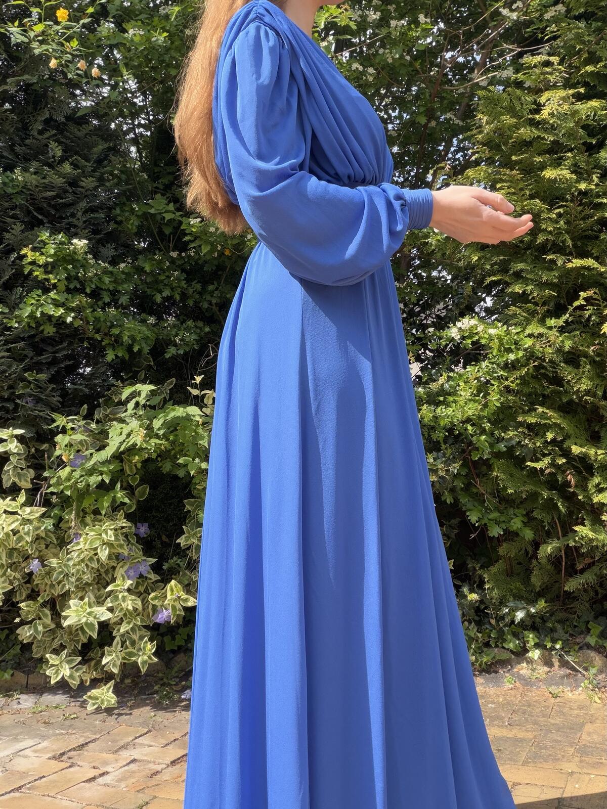 Vintage 1980s Maxi Dress Long Blue Pleated Waist and Balloon Sleeves Size 10