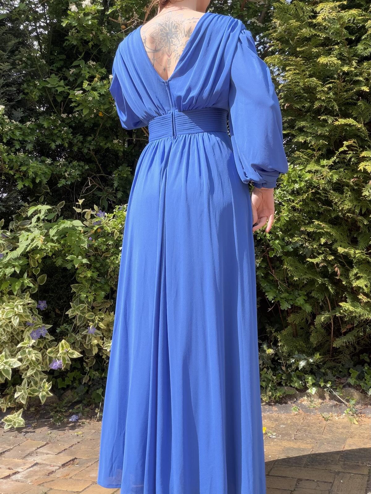 Vintage 1980s Maxi Dress Long Blue Pleated Waist and Balloon Sleeves Size 10