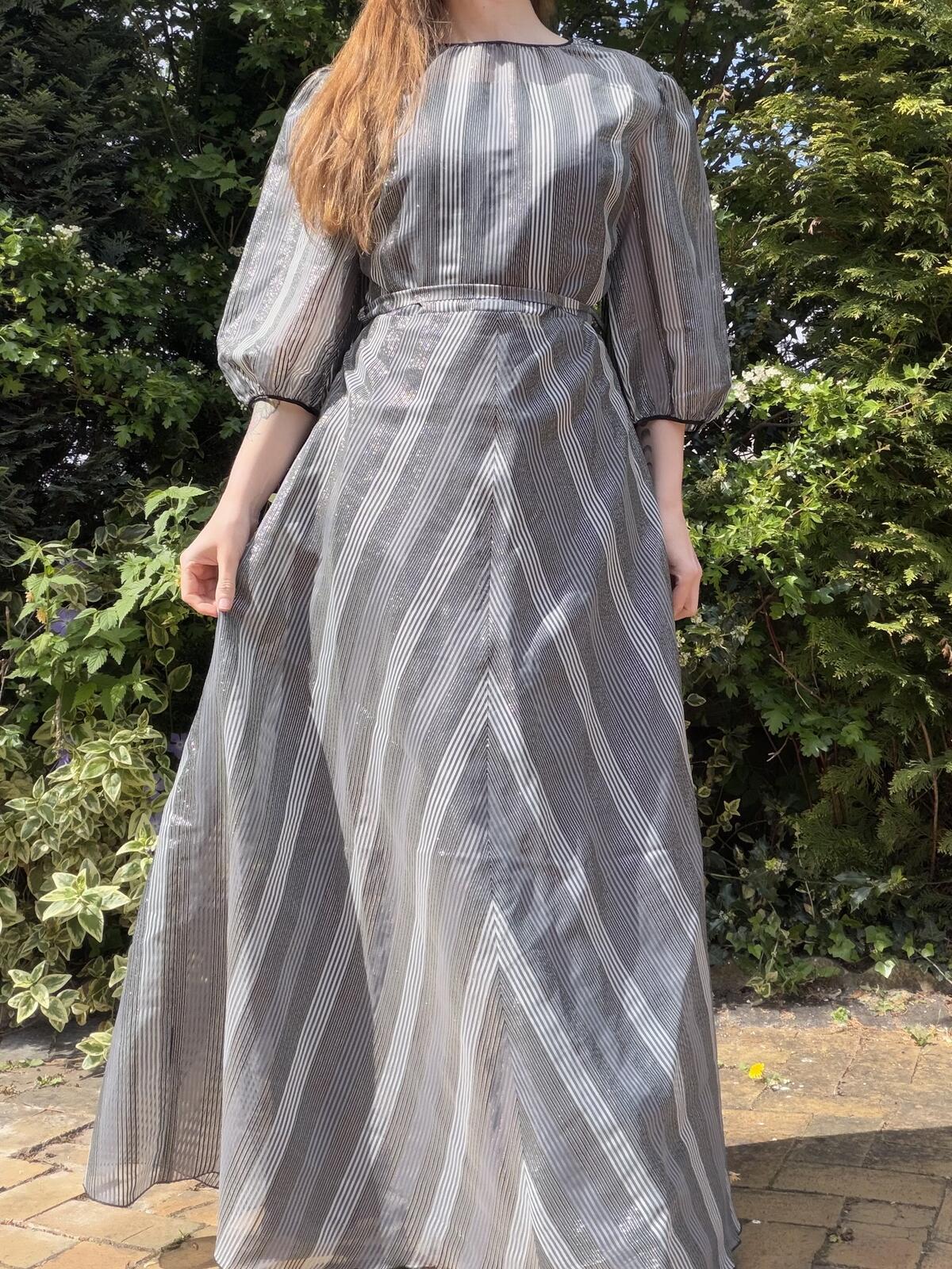 Vintage 1980s Maxi Dress Puff Sleeve Striped Cocktail Party Dress Silver grey 14