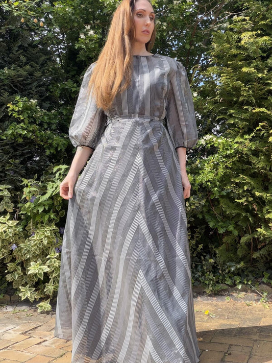 Vintage 1980s Maxi Dress Puff Sleeve Striped Cocktail Party Dress Silver grey 14