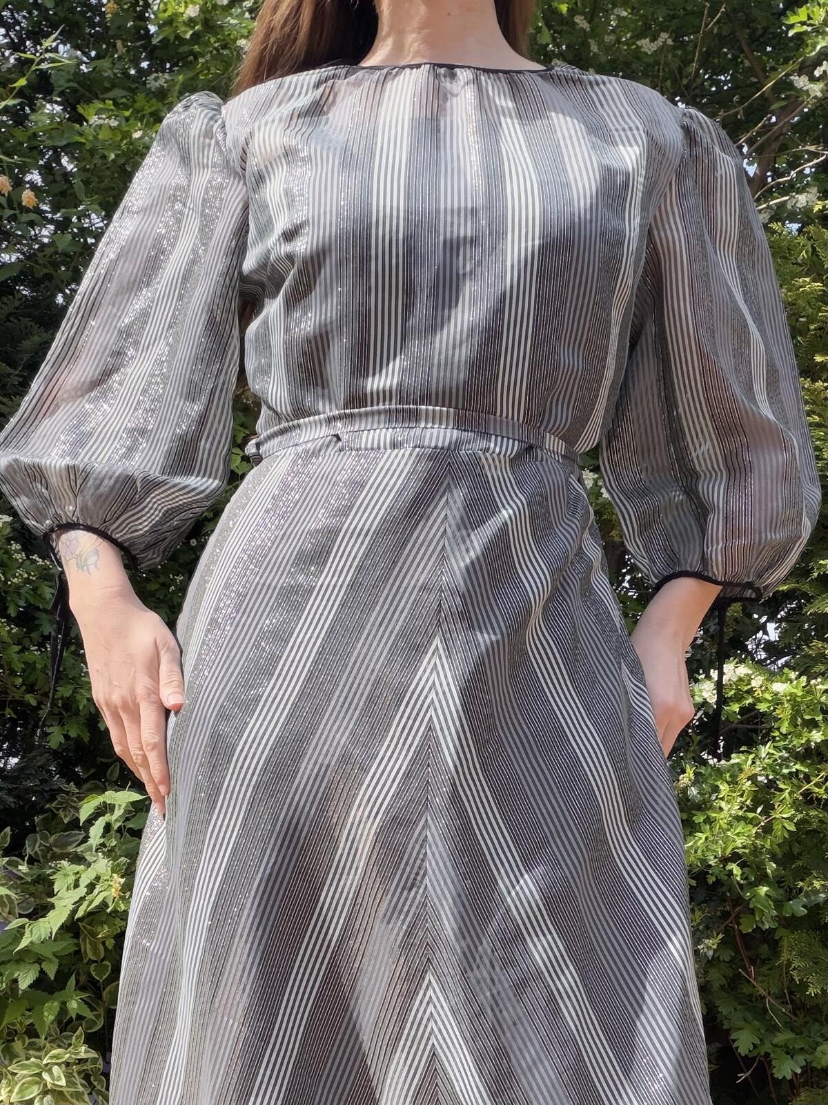 Vintage 1980s Maxi Dress Puff Sleeve Striped Cocktail Party Dress Silver grey 14
