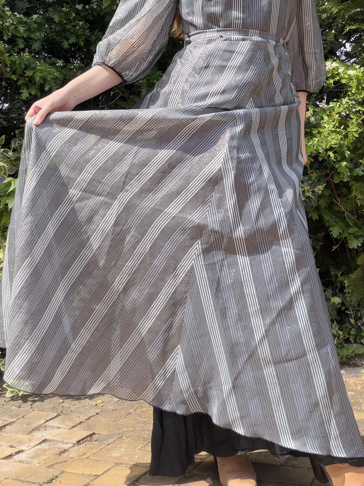 Vintage 1980s Maxi Dress Puff Sleeve Striped Cocktail Party Dress Silver grey 14