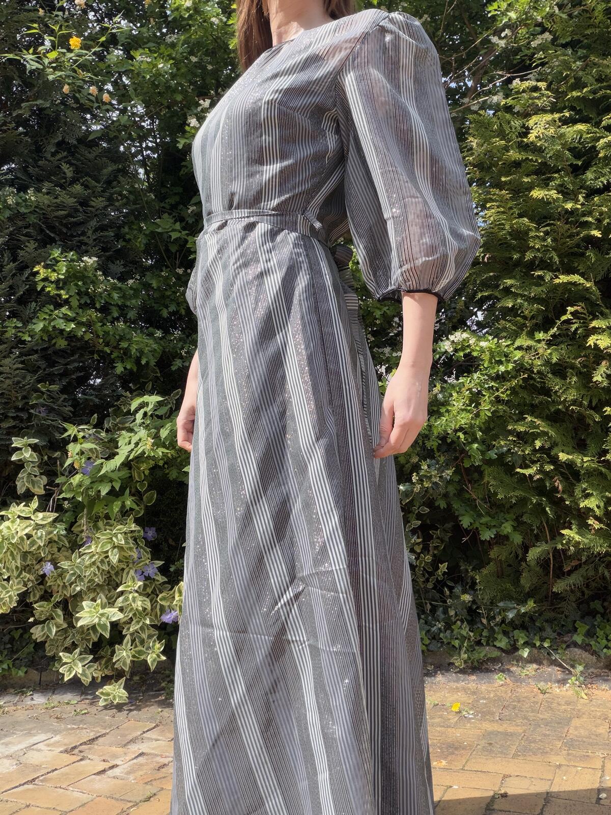Vintage 1980s Maxi Dress Puff Sleeve Striped Cocktail Party Dress Silver grey 14