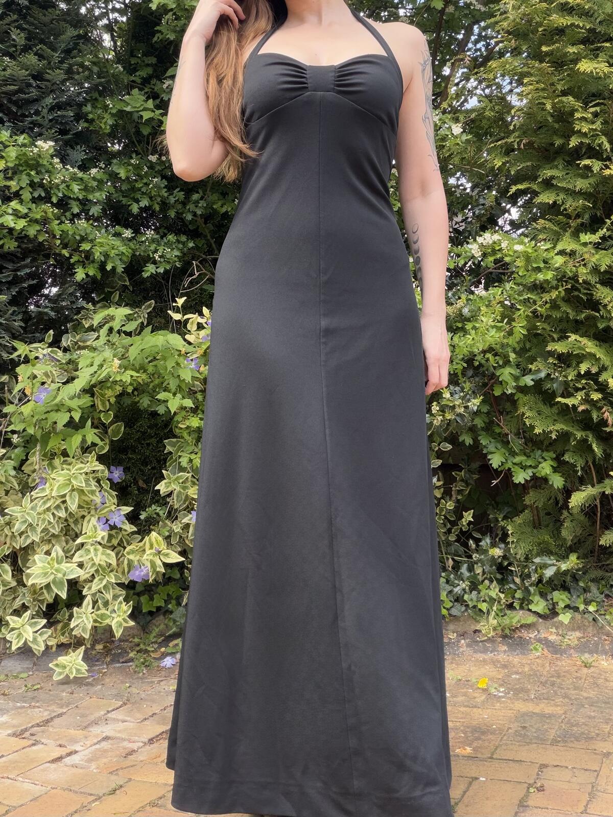 Vintage 1970s Long Dress Black Halter Neck Maxi Dress Size 10