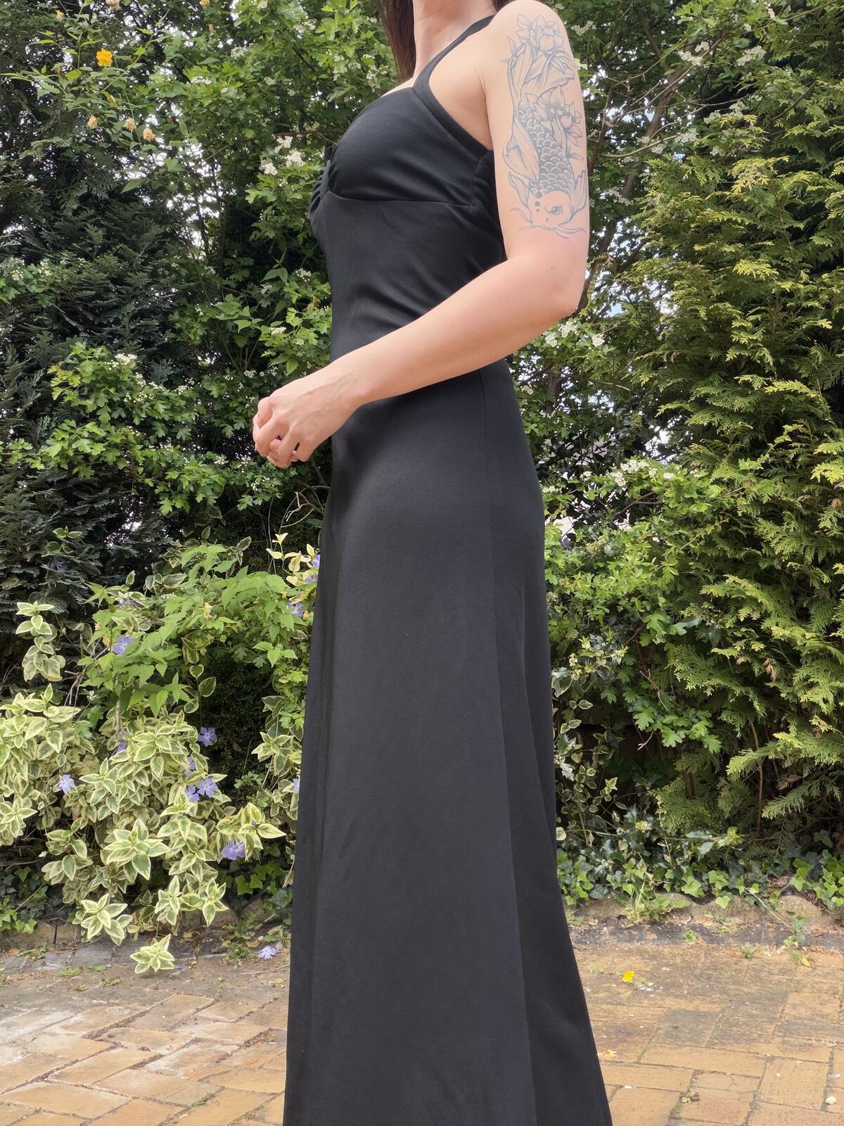 Vintage 1970s Long Dress Black Halter Neck Maxi Dress Size 10