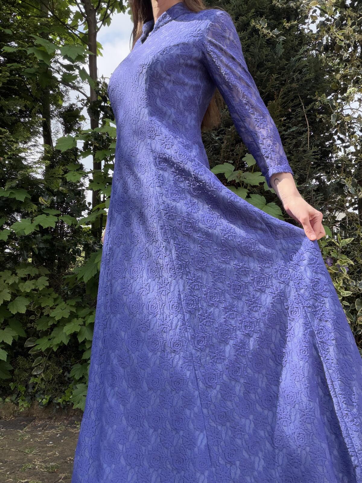 Vintage 1970s Long Dress Purple Lace Long Sleeve High Neck Maxi Dress Size 12