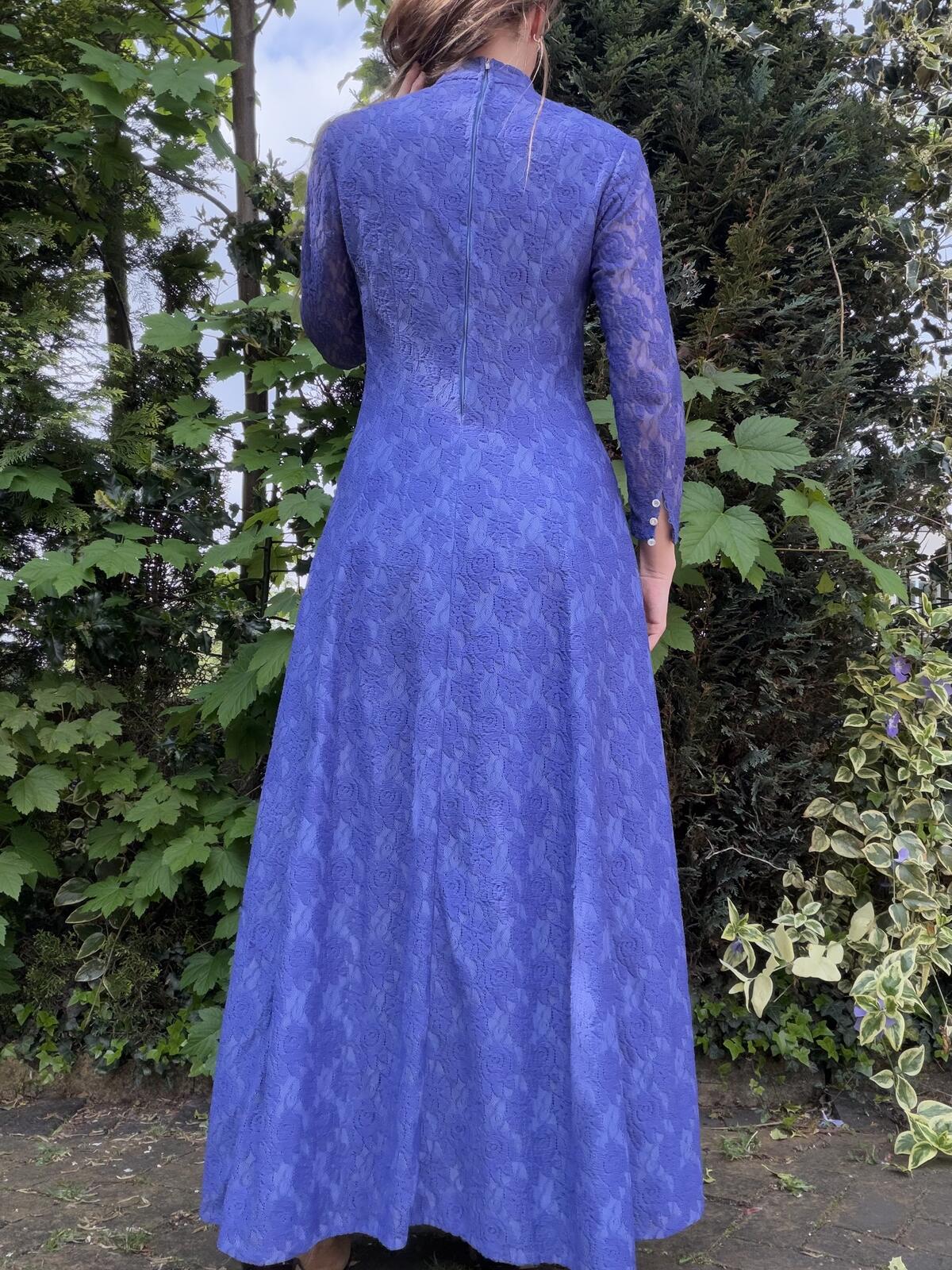 Vintage 1970s Long Dress Purple Lace Long Sleeve High Neck Maxi Dress Size 12