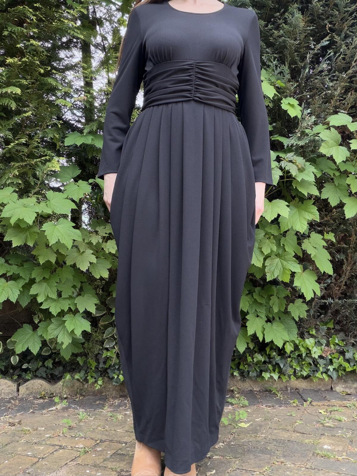 Vintage 1980s Drape Dress Black Long Sleeve Maxi Dress with Ruched Waist size 14