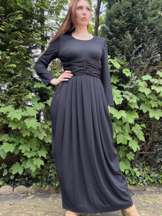 Vintage 1980s Drape Dress Black Long Sleeve Maxi Dress with Ruched Waist size 14