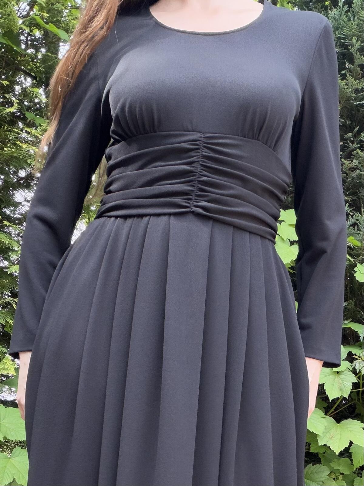 Vintage 1980s Drape Dress Black Long Sleeve Maxi Dress with Ruched Waist size 14