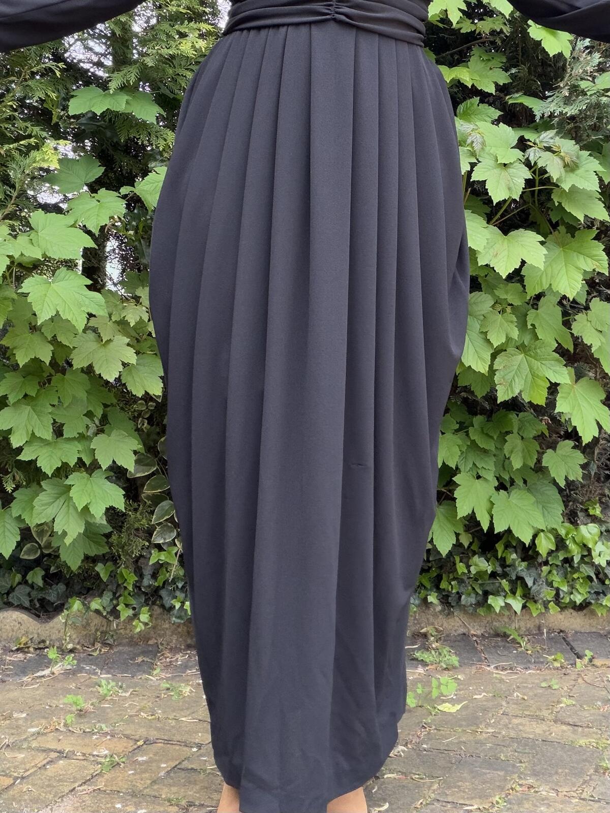 Vintage 1980s Drape Dress Black Long Sleeve Maxi Dress with Ruched Waist size 14