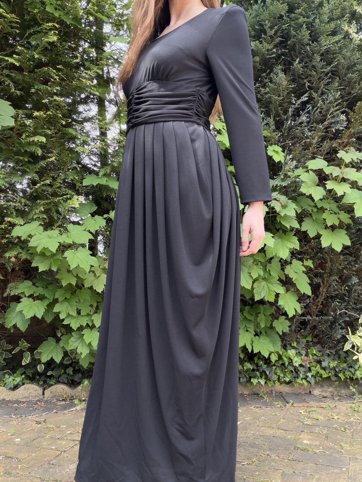 Vintage 1980s Drape Dress Black Long Sleeve Maxi Dress with Ruched Waist size 14