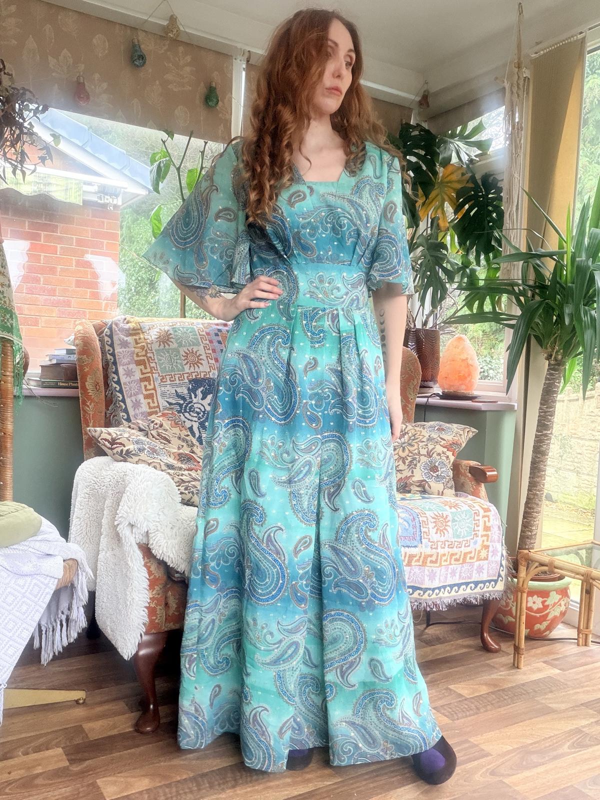 Vintage 1970s maxi dress Blue size 12 Paisley hippie boho festival Dress
