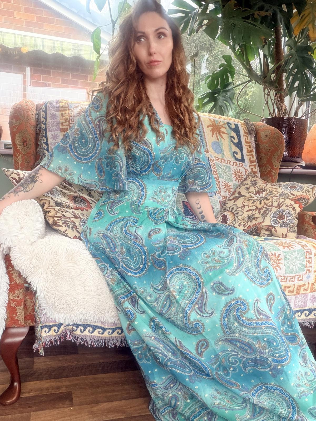 Vintage 1970s maxi dress Blue size 12 Paisley hippie boho festival Dress