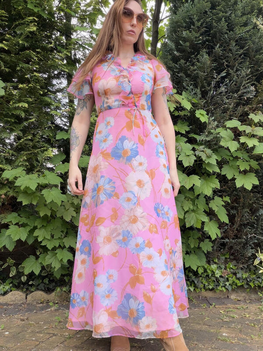 Vintage 1960s Maxi Dress Pink Floral Hippie Boho with Ruffle Detail Size 8