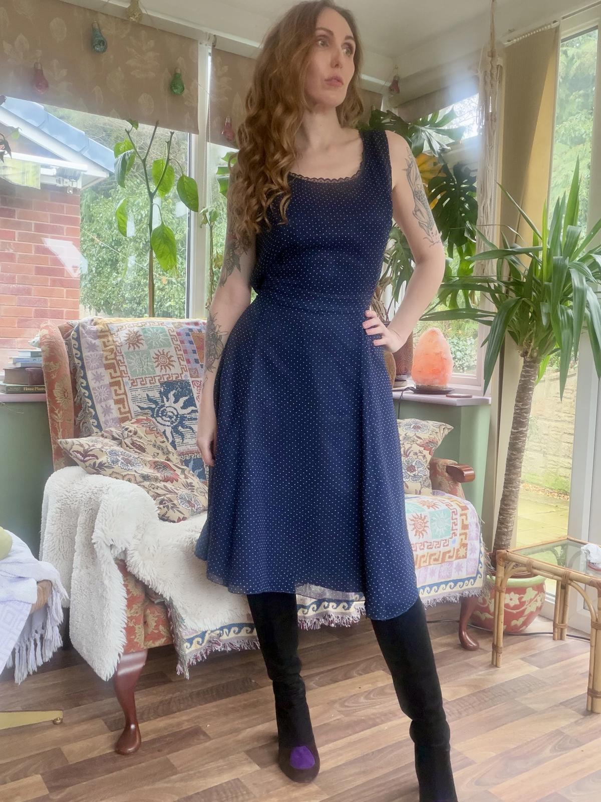 Vintage 1980s summer dress size 14 Navy Blue Polka Dot Midi Dress