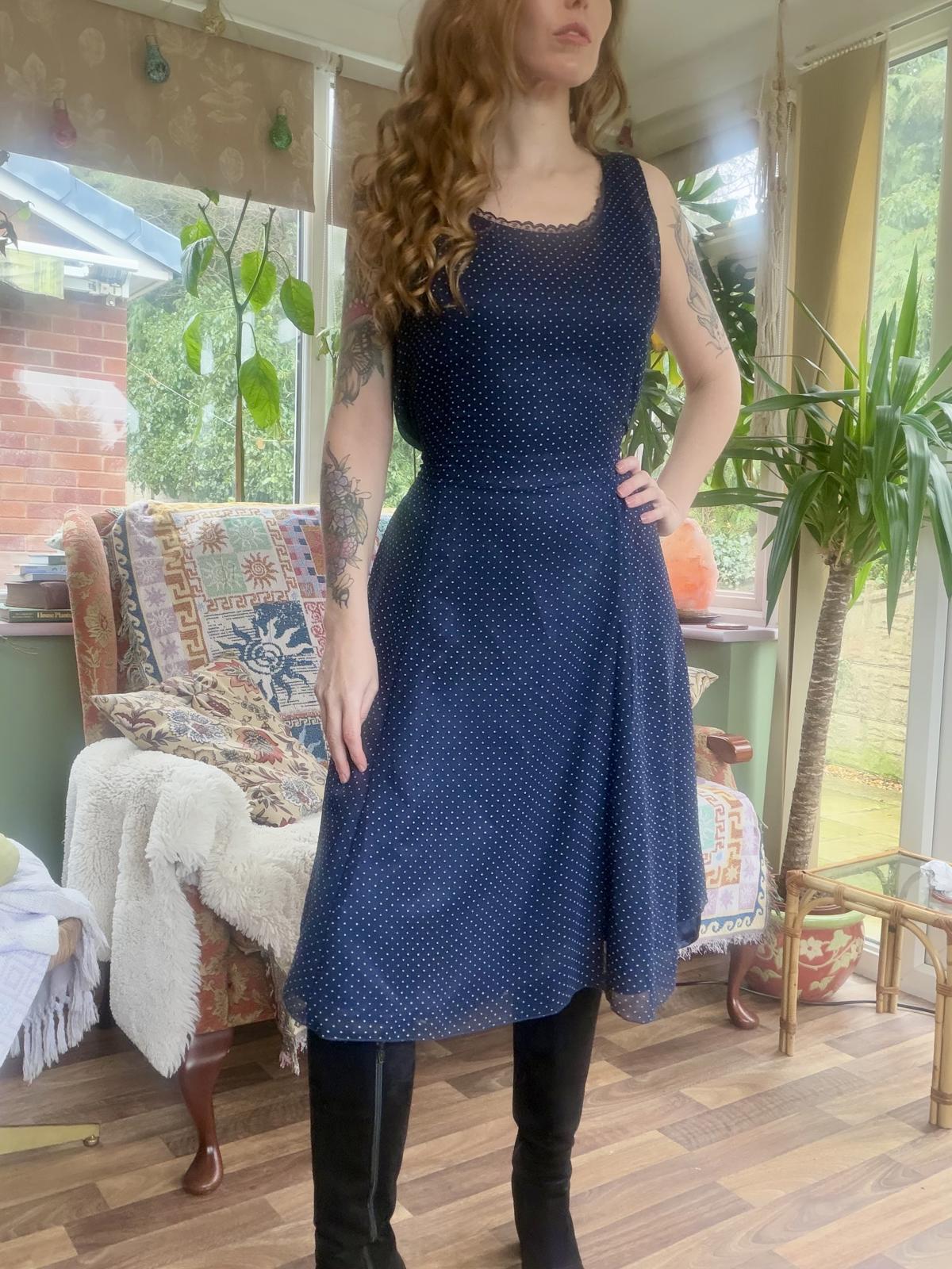 Vintage 1980s summer dress size 14 Navy Blue Polka Dot Midi Dress