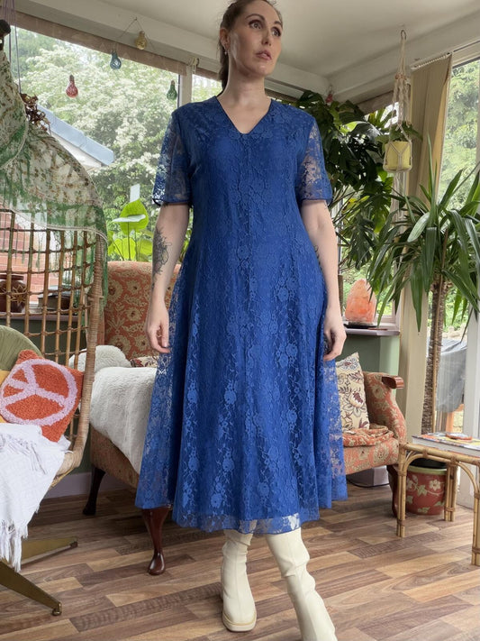 Vintage 1980s Party Dress Blue Lace Midi with V-Neck and Sheer Sleeves Size 16