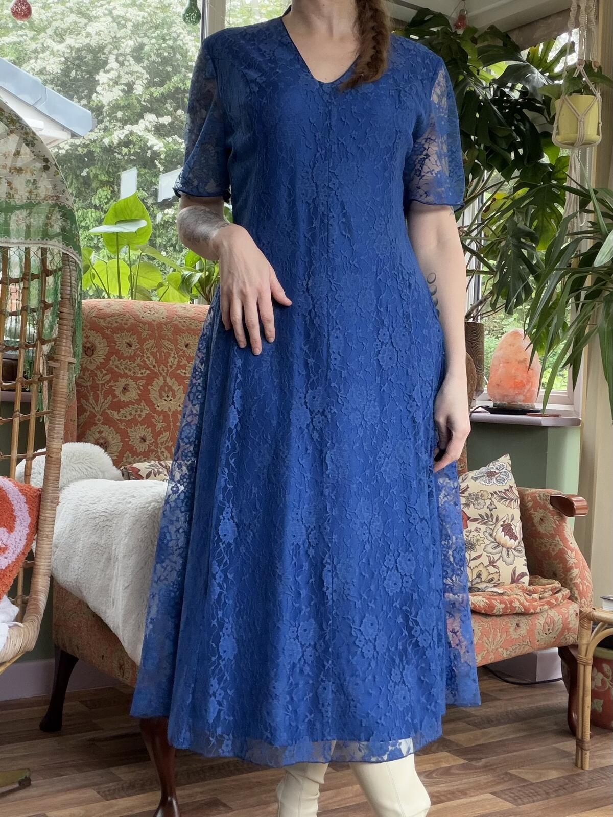 Vintage 1980s Party Dress Blue Lace Midi with V-Neck and Sheer Sleeves Size 16