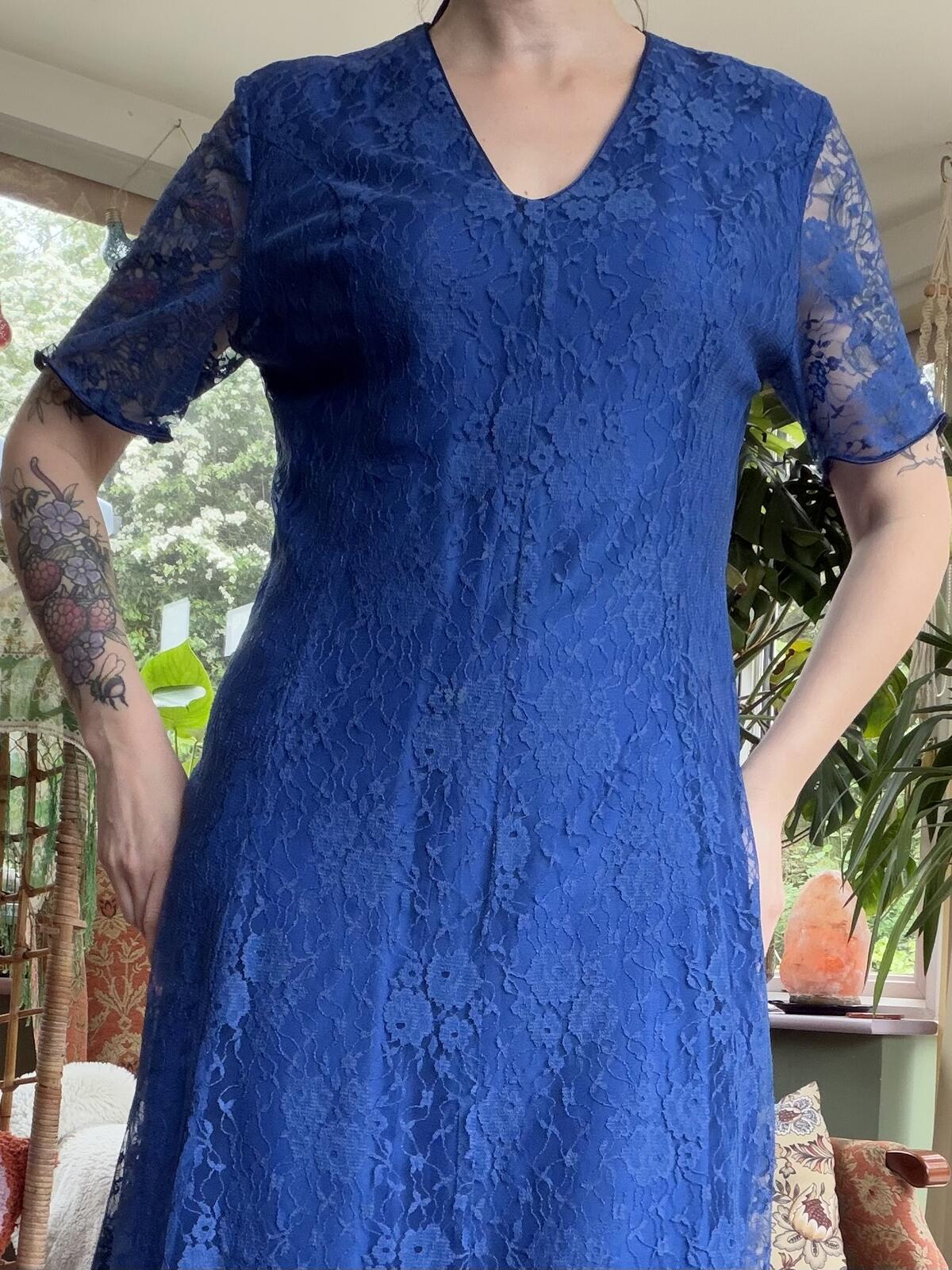 Vintage 1980s Party Dress Blue Lace Midi with V-Neck and Sheer Sleeves Size 16